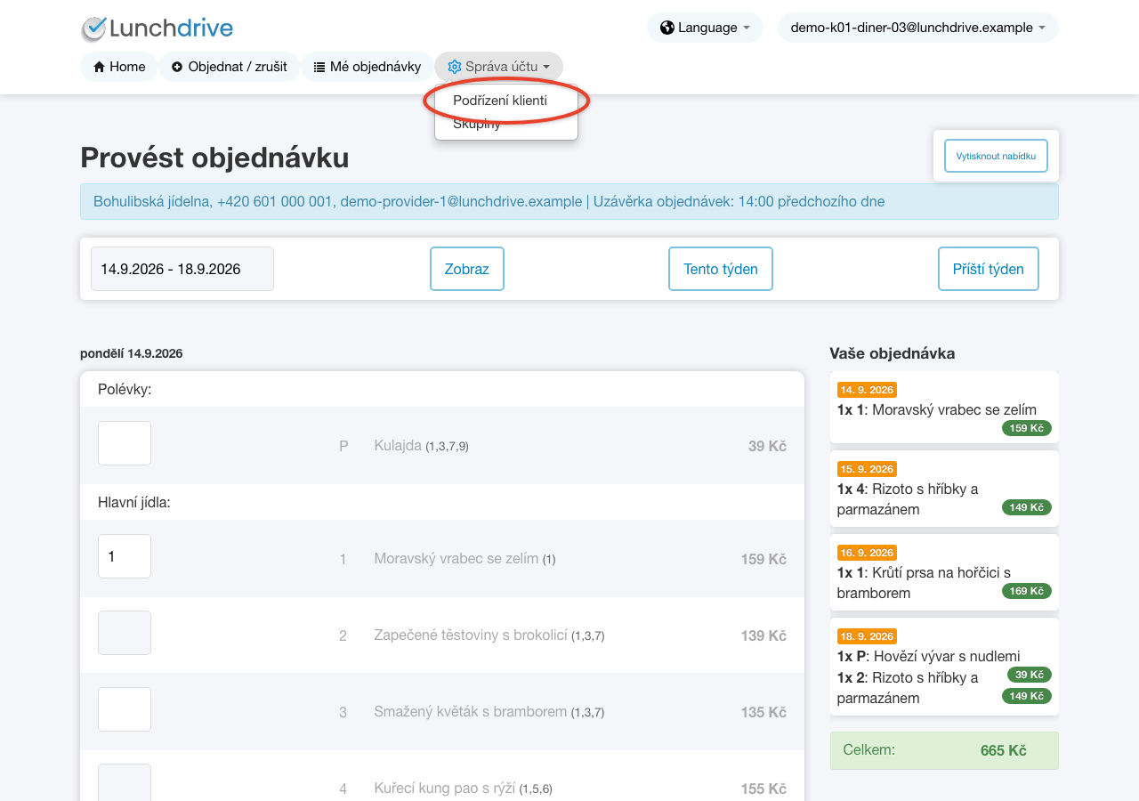 Nabídka Správa účtu strávníka s položkami Podřízení klienti a Skupiny