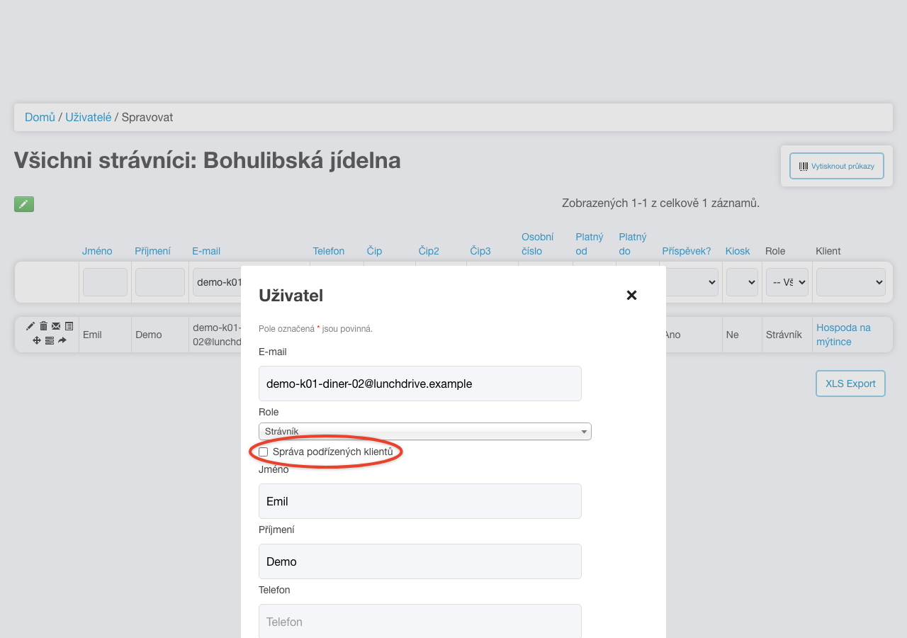 Úprava strávníka klienta Hospoda na mýtince se zaškrtávátkem Správa podřízených klientů